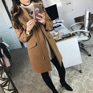 Solid Zipper Pocket Long Woolen Coat