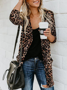 Brown Leopard Print Casual Long Sleeve Plus Size Cardigan