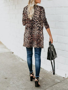 Brown Leopard Print Casual Long Sleeve Plus Size Cardigan