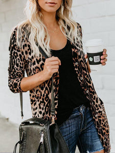 Brown Leopard Print Casual Long Sleeve Plus Size Cardigan