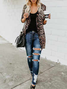 Brown Leopard Print Casual Long Sleeve Plus Size Cardigan