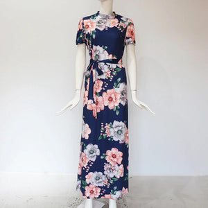 Corachic.com - Long Maxi Dress Floral Print Boho Style Beach Dress Casual Short Sleeve Bandage Dress - Dresses