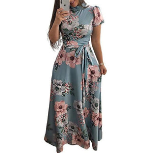 Corachic.com - Long Maxi Dress Floral Print Boho Style Beach Dress Casual Short Sleeve Bandage Dress - Dresses